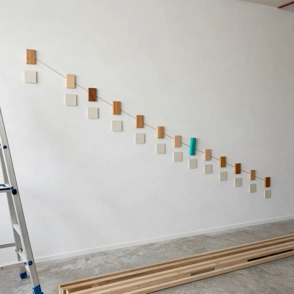 Wall-scale customer path map of wooden nodes and string lines on a plaster wall