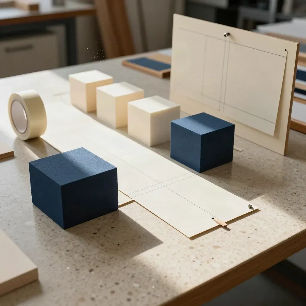 Service-design prototype blocks mid-assembly on a workbench with swatches and wireframe boards.