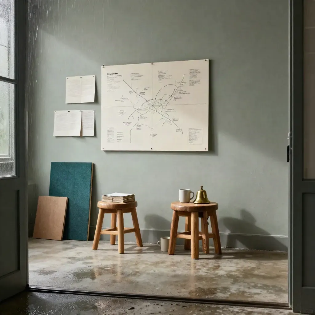 Moody CX workshop studio with journey maps, stools, mugs, and brass bell at dawn