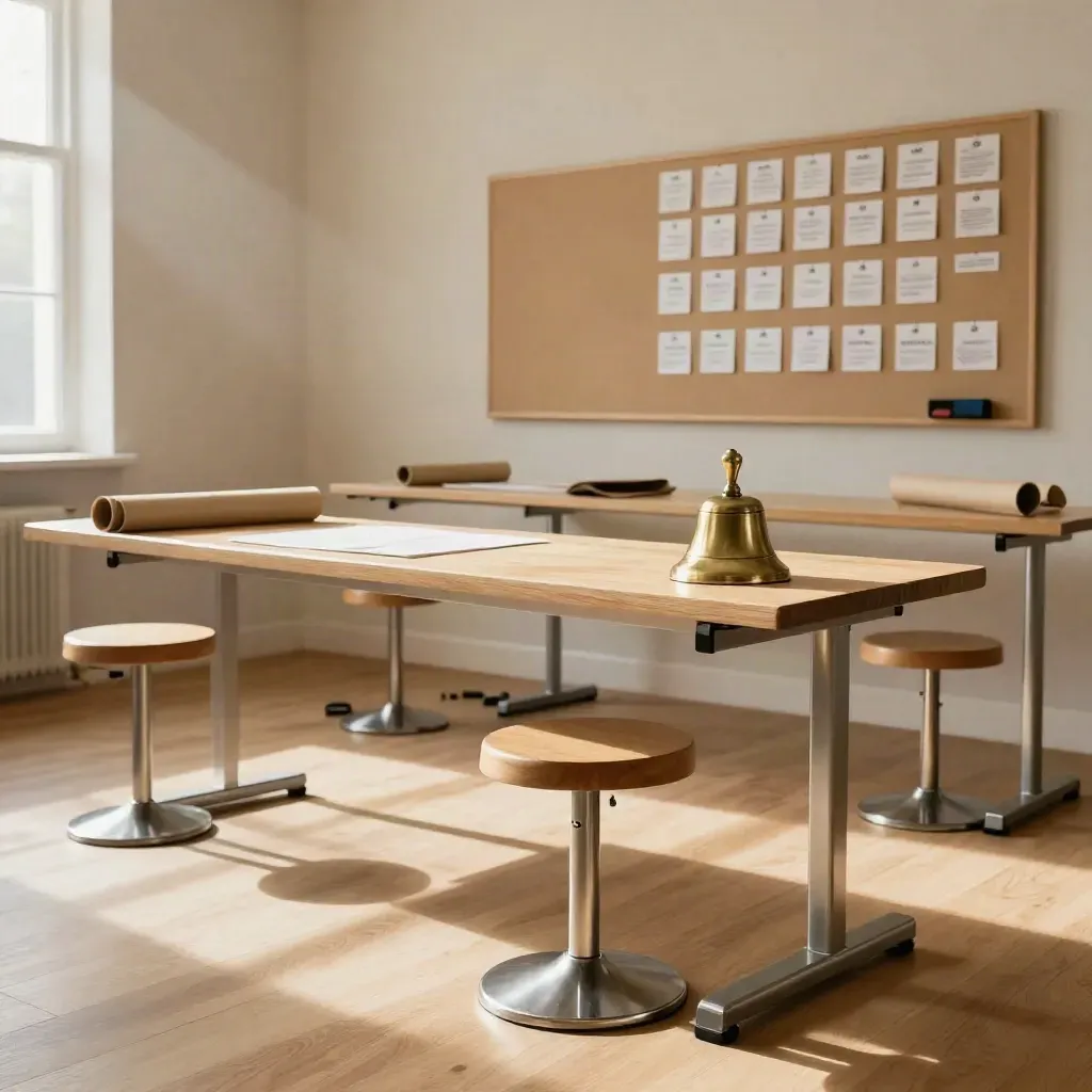 Ready CX workshop room with stools, pinboards, cue cards, kraft paper and a brass bell.