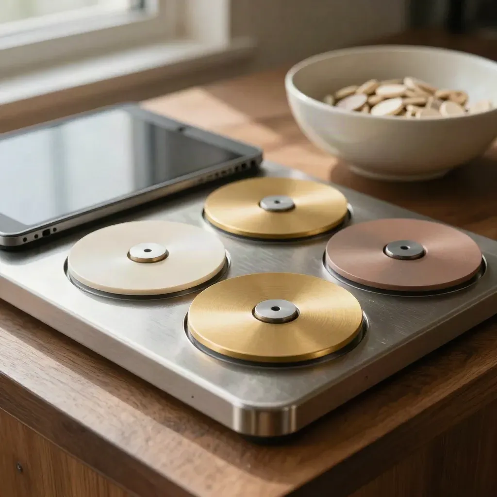 Macro of a brushed metal tally tray, response discs, closed tablet and token bowl on walnut.