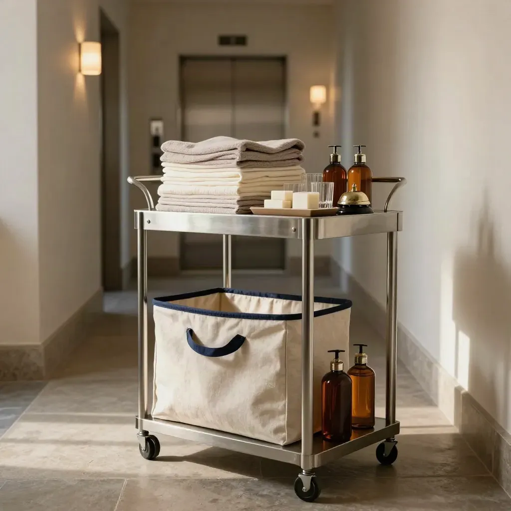 Hotel corridor service station with linen cart, refresh caddy, bell and amenities tray in warm light