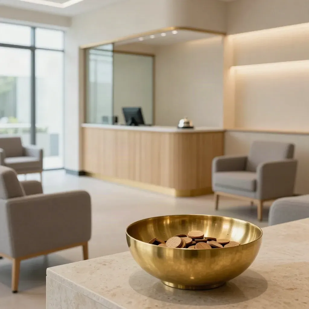 Empty clinic reception bay with feedback tokens, lined chairs and a softly lit check-in alcove.