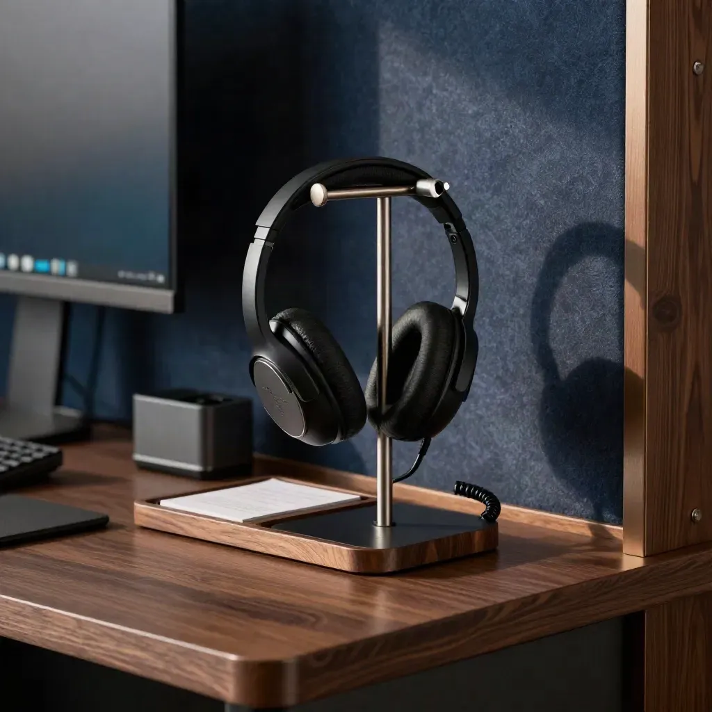 Moody CX support pod with headset stand, script cards and glowing monitor.