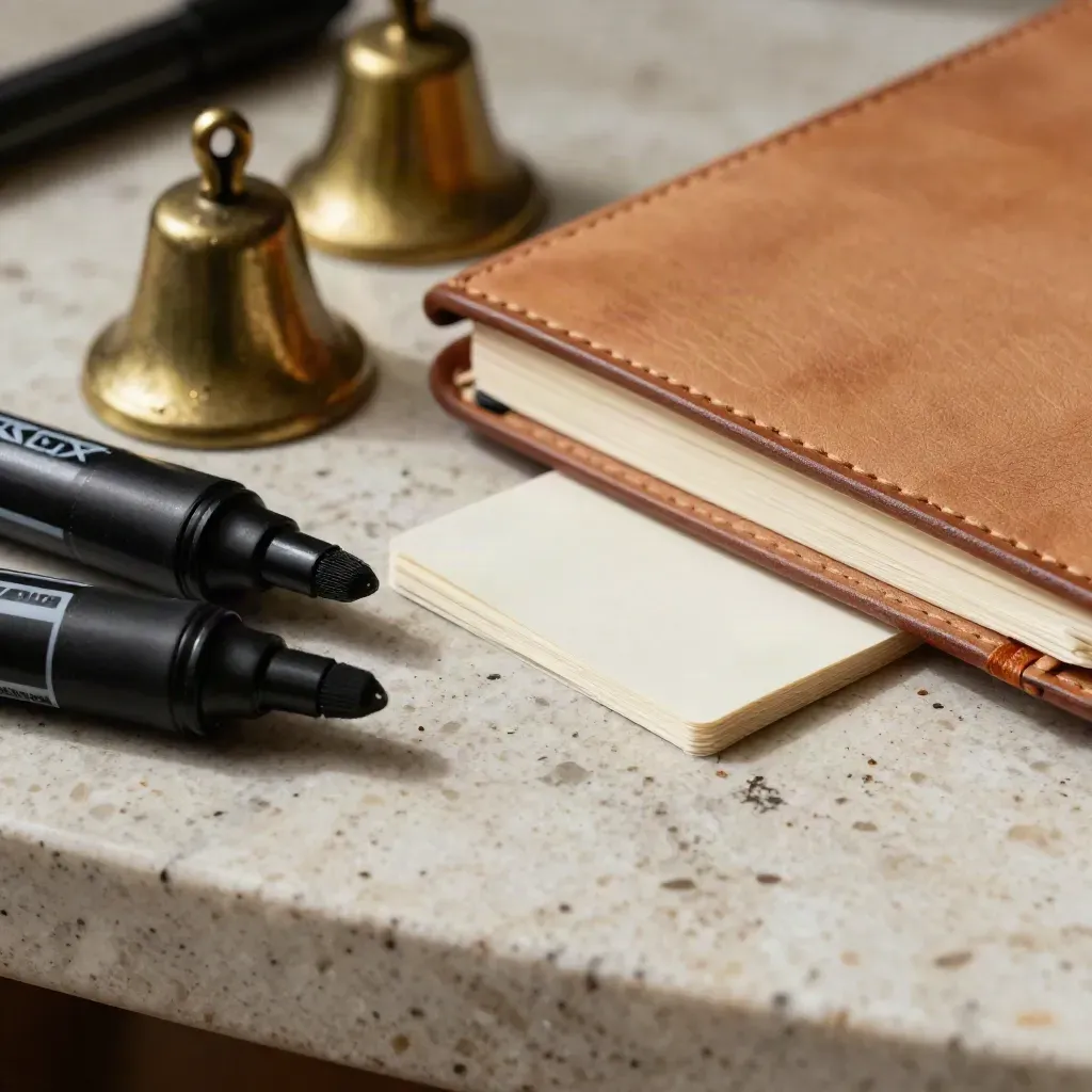 Macro still life of CX Academy facilitation tools on travertine with brass bell and markers.