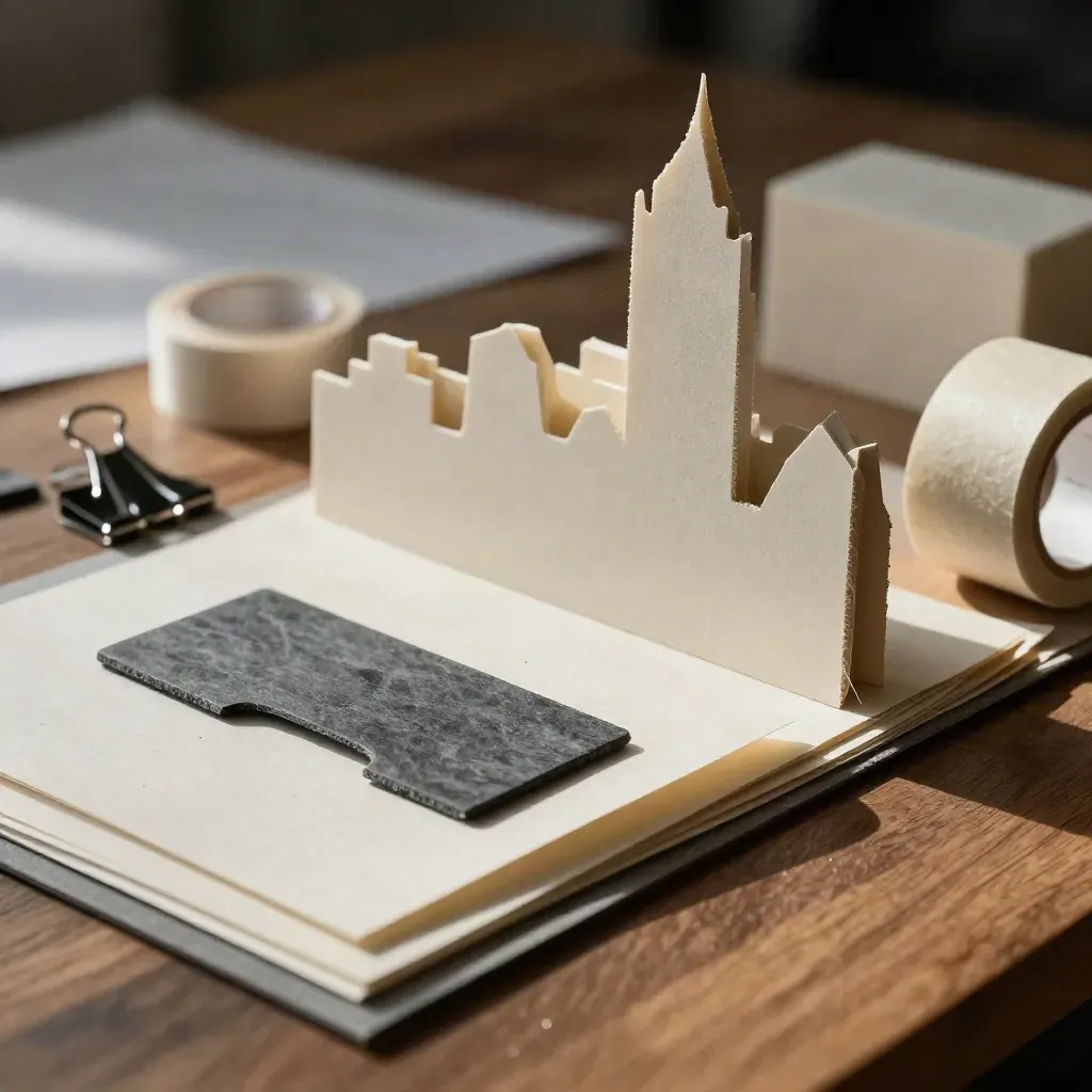 Macro still life of service-design paper templates, tape rolls and model blocks on warm walnut.