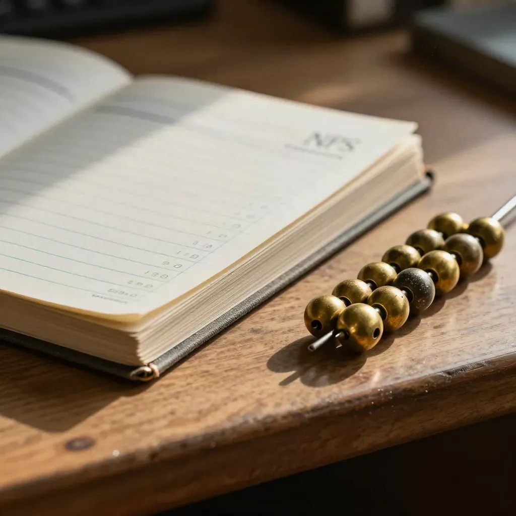 Macro still life of a score ledger, brass counters and tally beads with a teal thread accent.