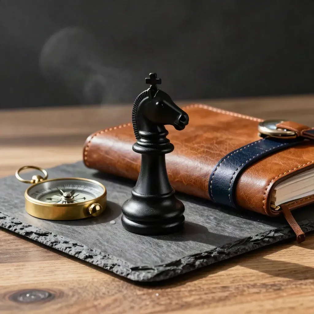 Chess knight, brass compass, leather agenda and timer on dark oak surface.