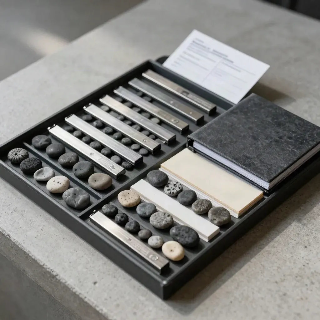 Charcoal audit tray with pebbles, metal tabs, a closed binder and separators on matte stone.
