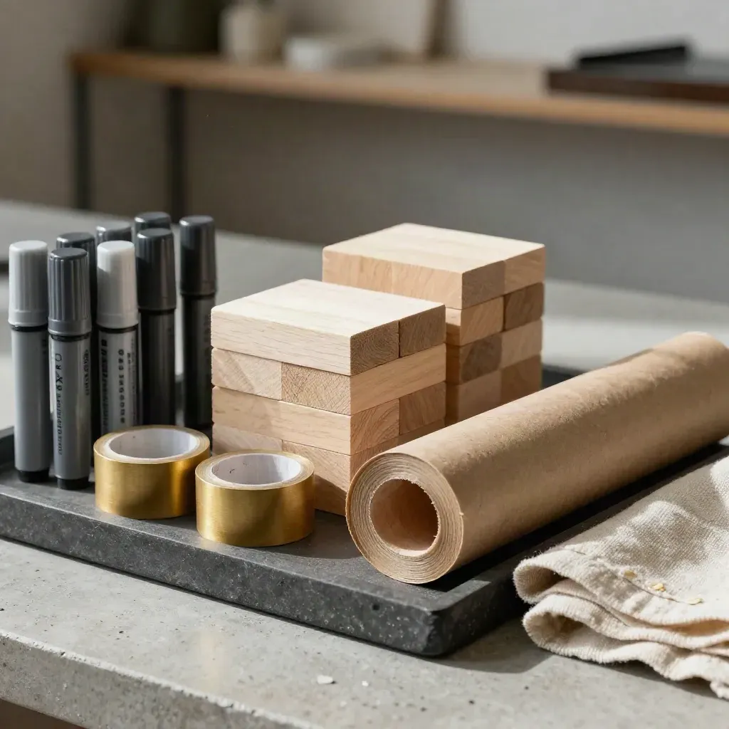 CX workshop kit on a stone tray with blocks, tape rolls, caps, and rolled kraft paper