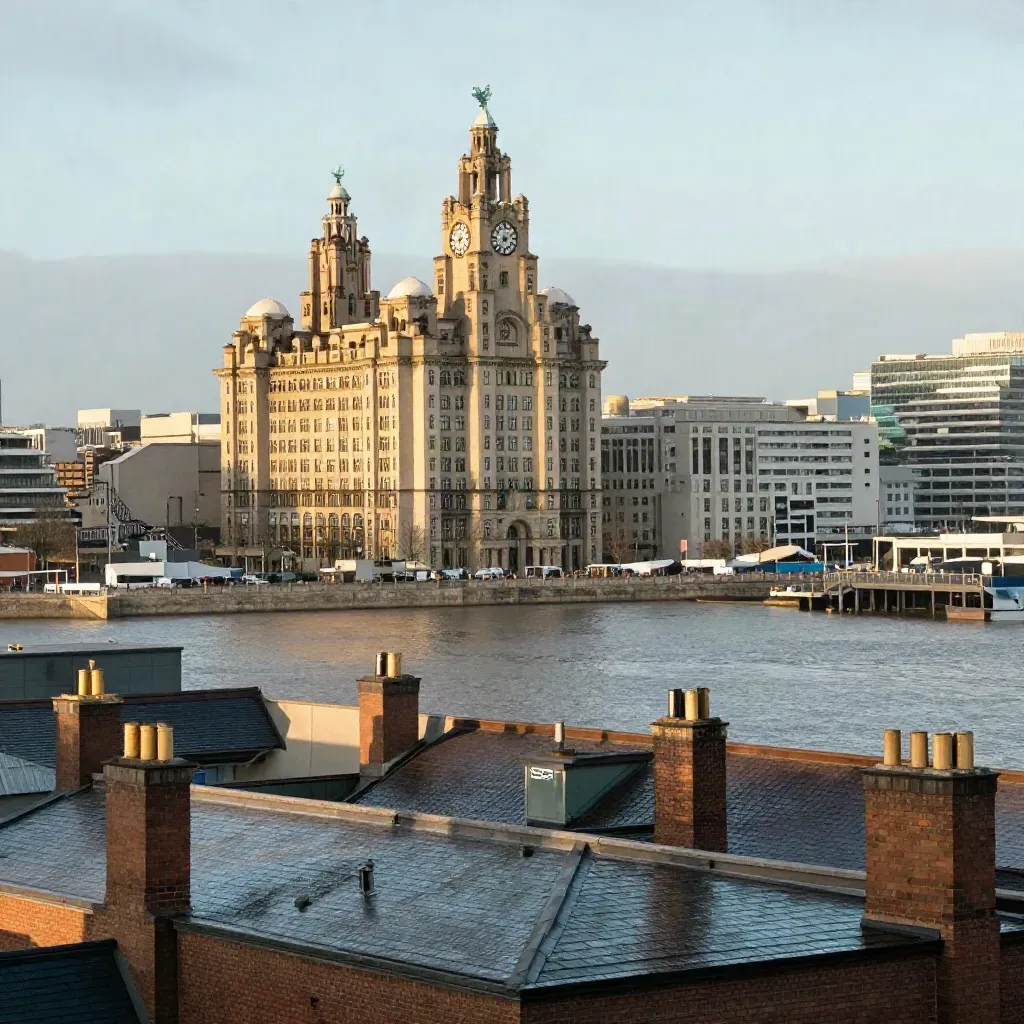 Liverpool waterfront and the Liver Building above the silver Mersey at golden hour