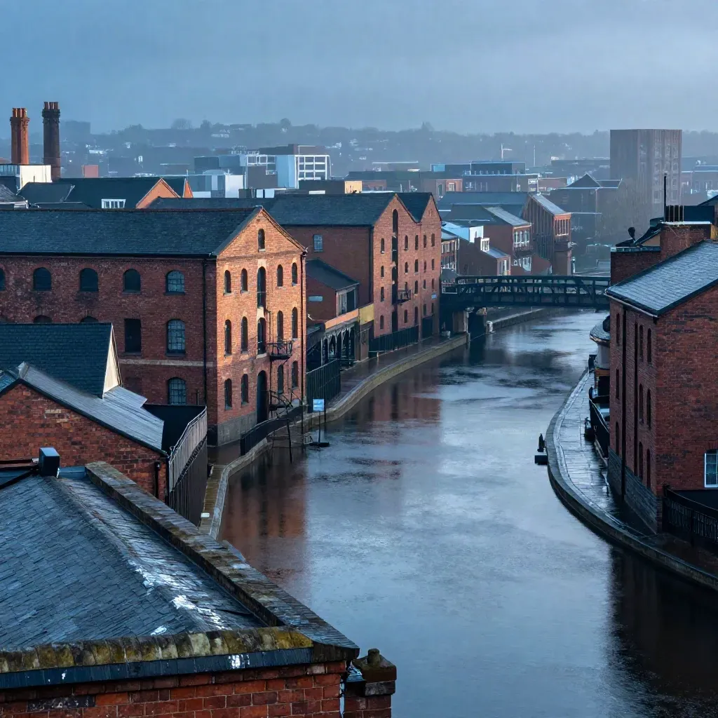 Storm-cleared Birmingham skyline above wet canals and brick warehouses at blue hour.