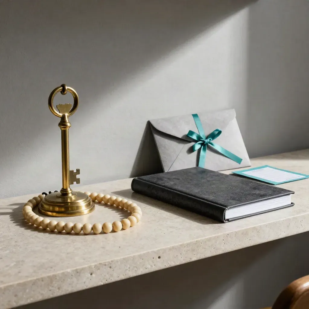 Brass tally counter with beads, score ledger, sealed envelope and teal-backed card on stone shelf