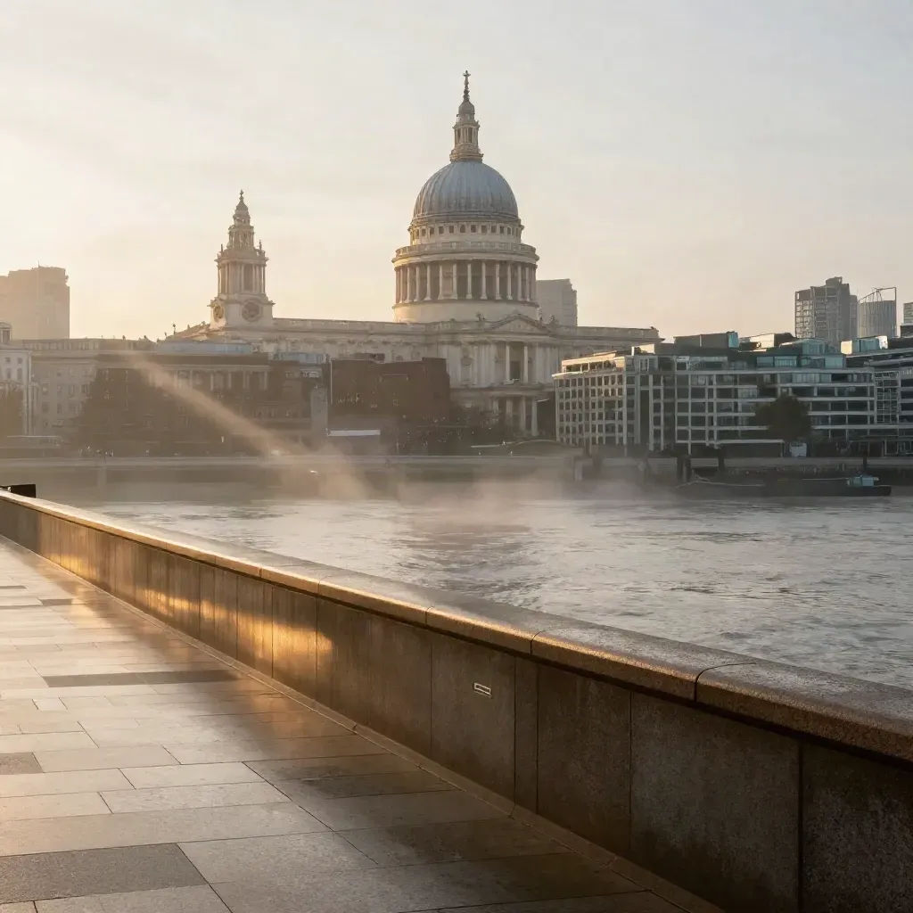 Dawn London skyline with St Paul’s above misty Thames and wet South Bank stone