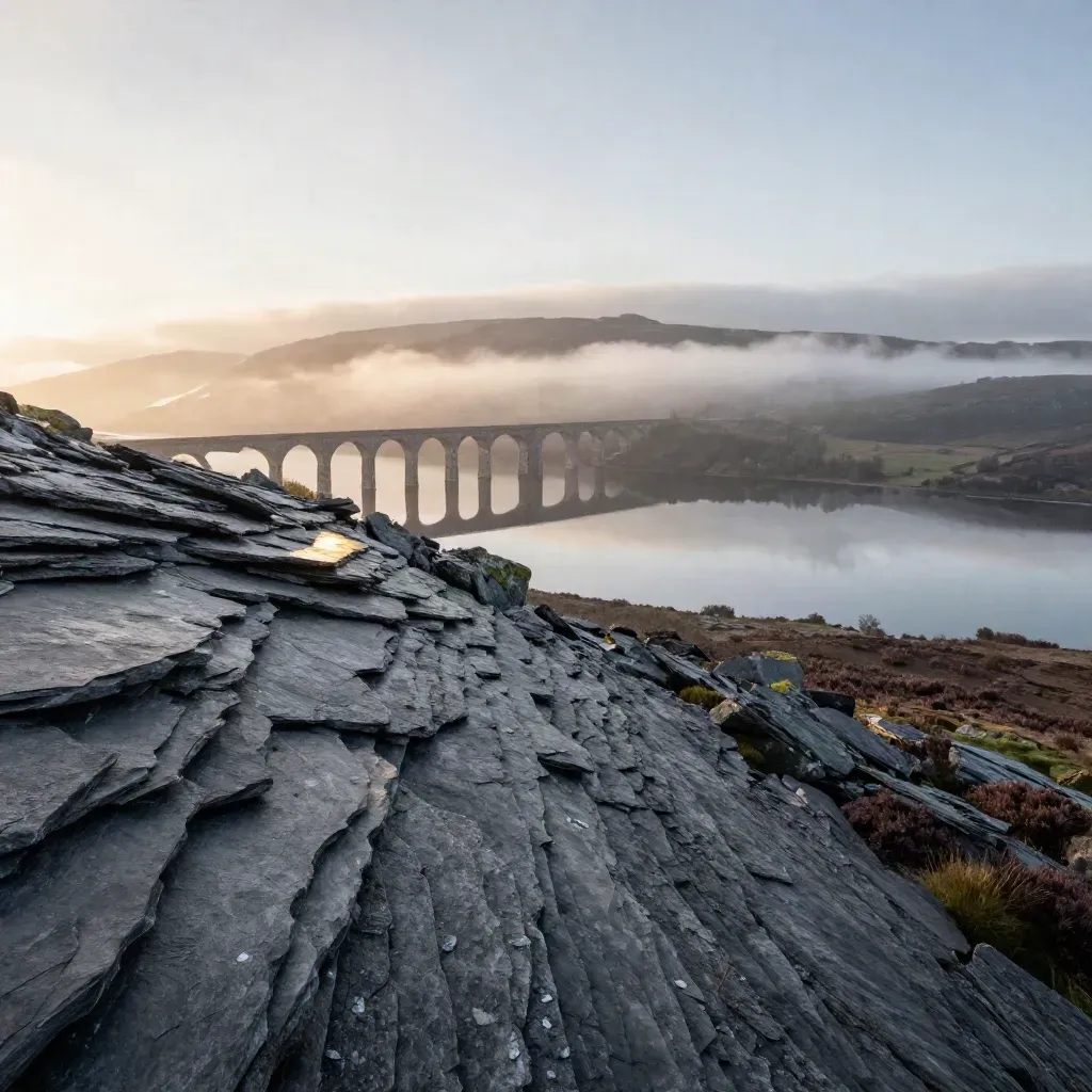 Slate ridge and stone viaduct above a misty loch at sunrise