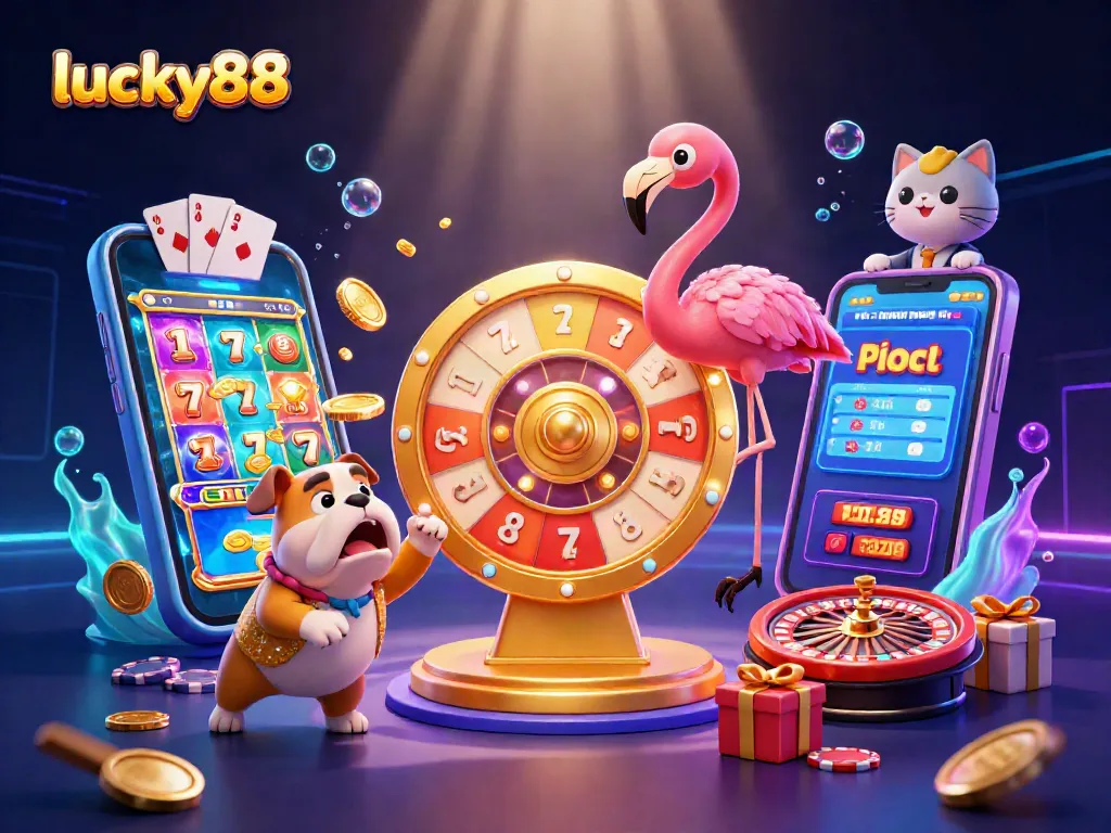 Spin lucky88's jackpot wheel with exciting characters, featuring vibrant animation and casino elements.