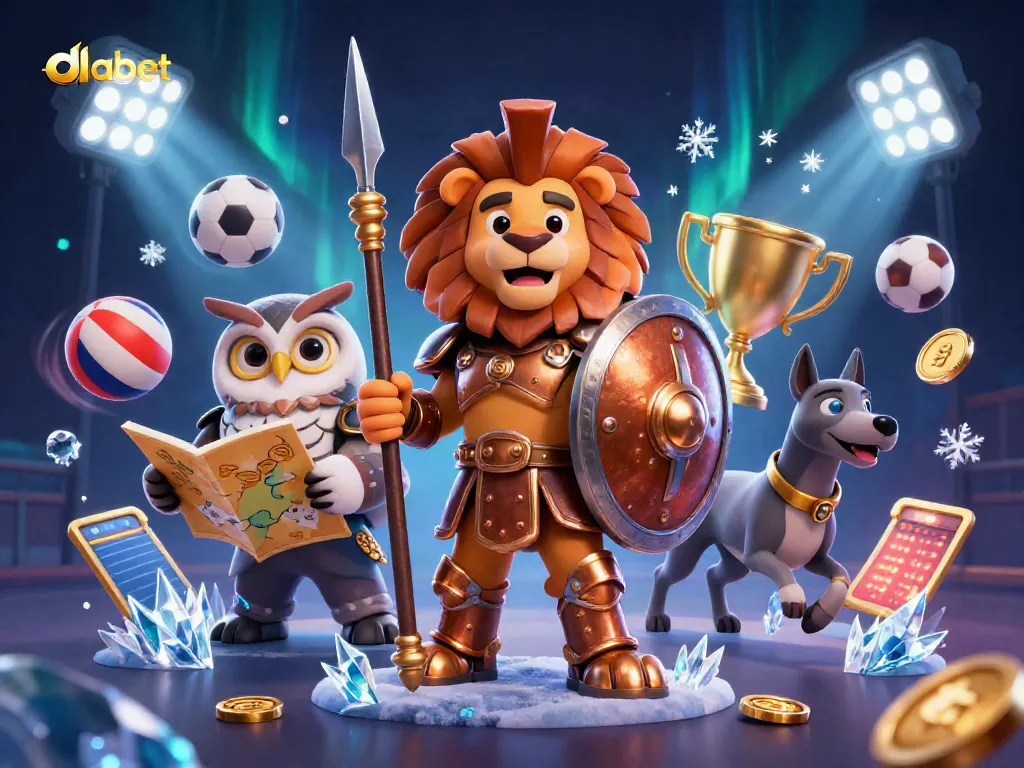 Join the excitement with dabet's gaming strategy featuring a Spartan lion, owl, and greyhound amidst dynamic sports elements.