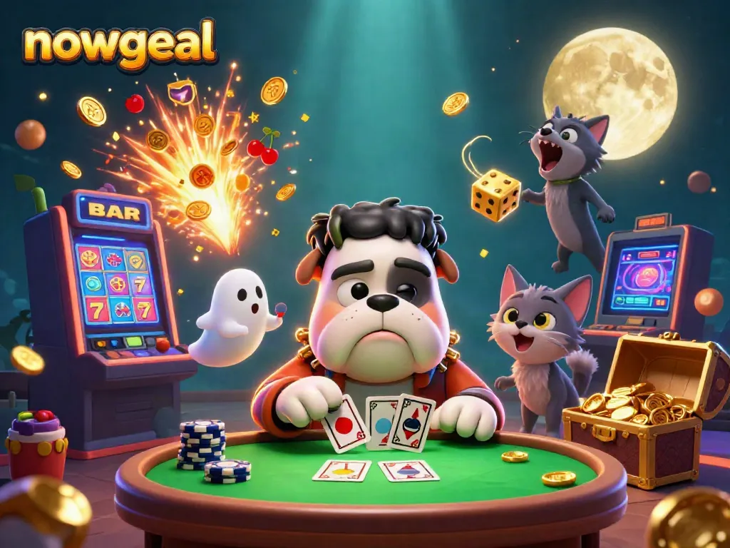 Engage with nowgoal's thrilling casino scene featuring a bulldog dealer, a ghost mouse, and a werewolf kitten.