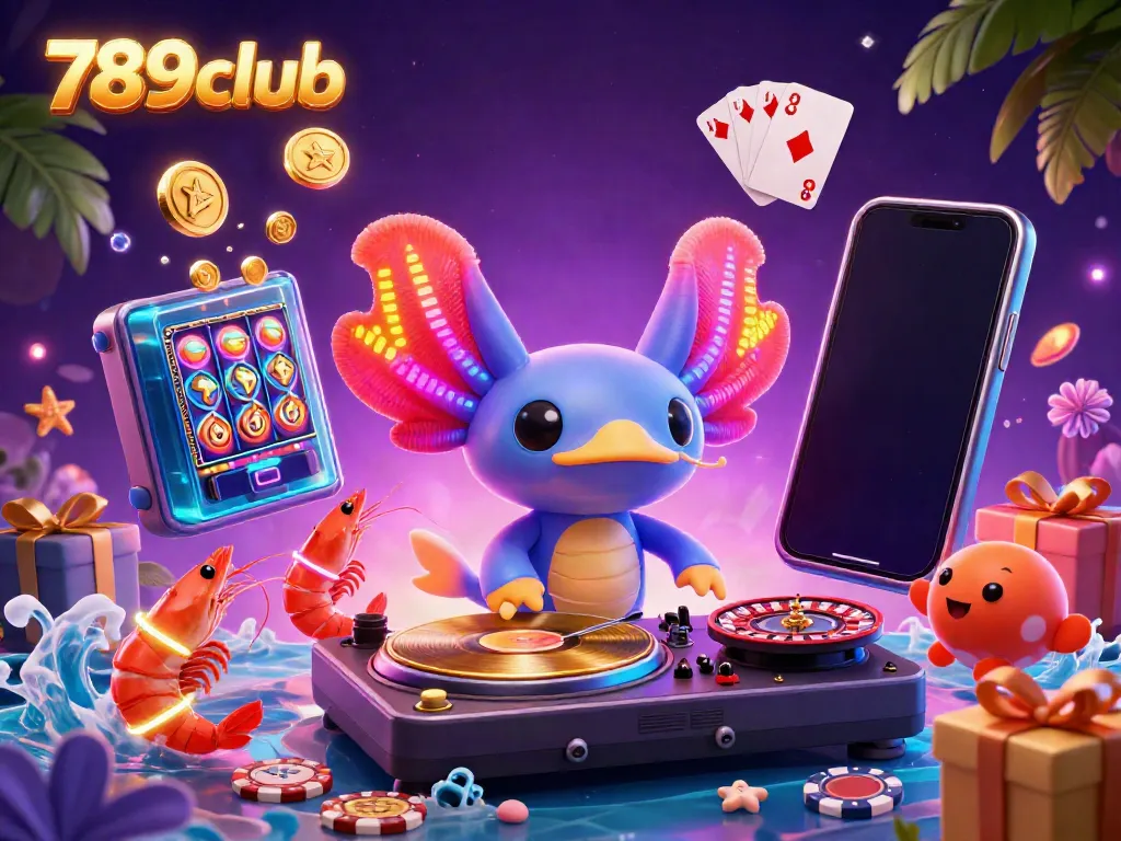 Experience the vibrant energy of 789club with a neon axolotl DJ and underwater casino elements.