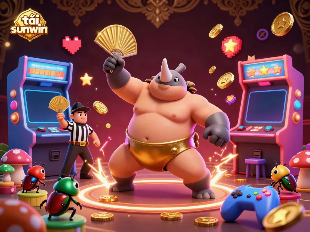 Experience the thrill of tải sunwin with a dynamic scene featuring colorful arcade elements and playful characters.