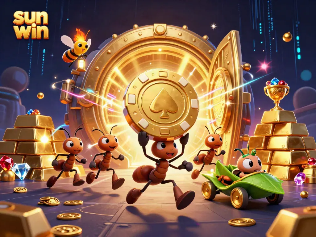 Join the adventure in sun win as ants heist a golden poker chip in this vibrant casino scene.
