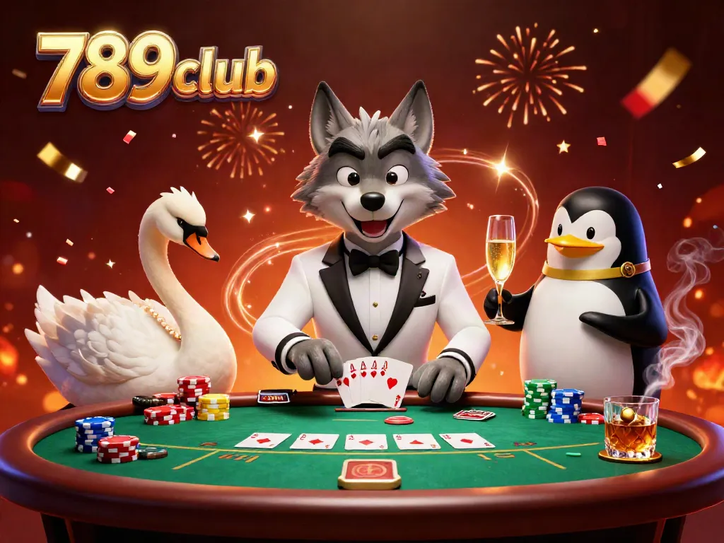 Experience thrilling gameplay at 789club with a vibrant casino scene featuring a debonair wolf, elegant swan dealer, and sophisticated penguin sommelier.