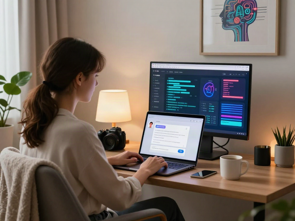 Interactive NSFW AI chat interface scene in a modern home office setting, showcasing user engagement.