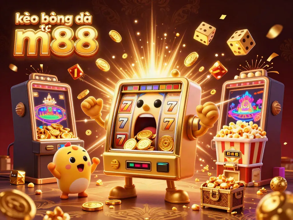 Experience thrilling wins with kèo bóng đá trực tuyến m88: animated jackpot scene with lively slot machines.
