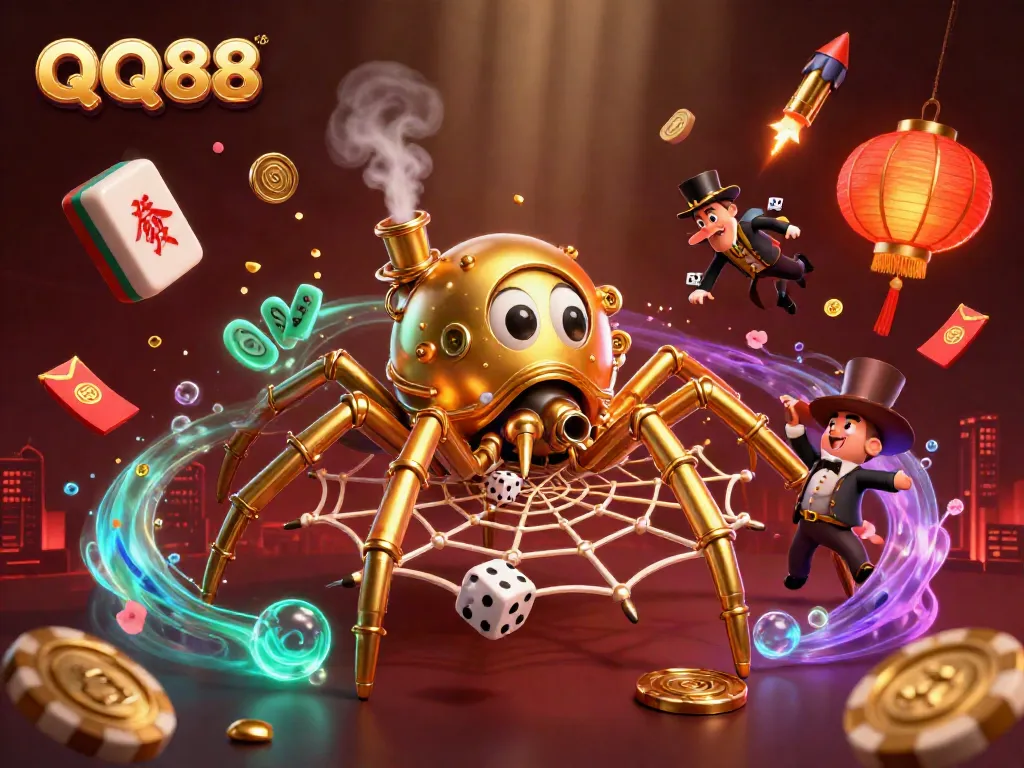 Experience thrilling gaming excitement with QQ88's vibrant steampunk scene featuring gold chain webs and playful dice.