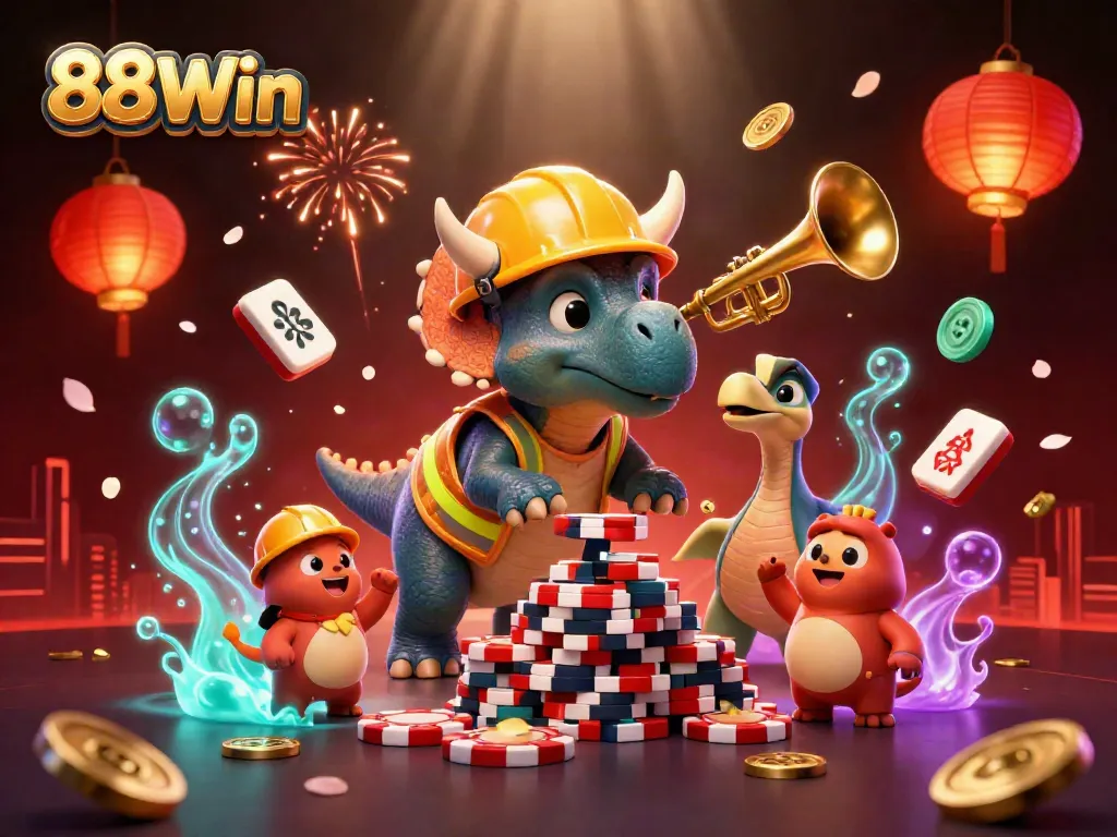 Celebrate wins at 88Win with a lively 3D illustration featuring vibrant casino elements and characters.