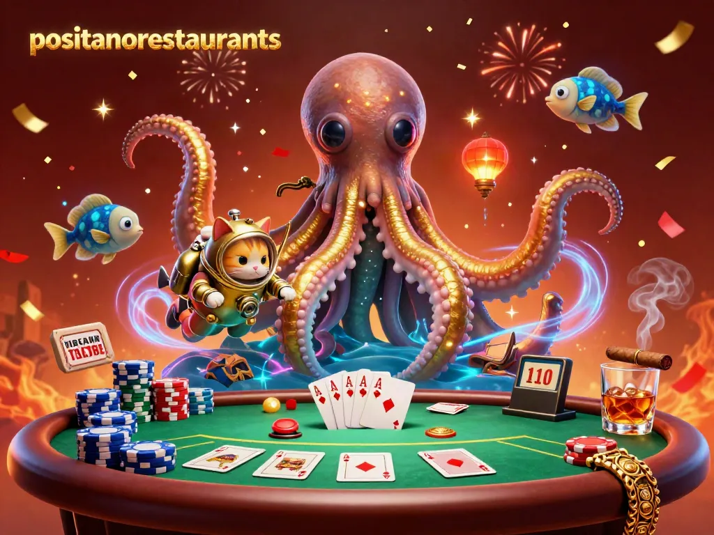 Experience thrilling adventures at positanorestaurants while enjoying a dynamic poker showdown with a cartoon kraken!