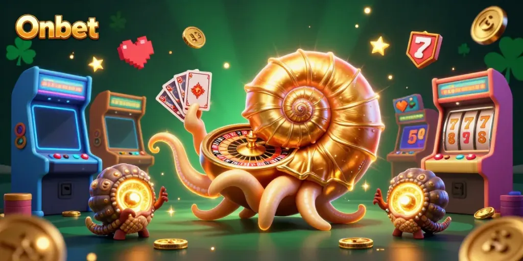 Experience thrilling gameplay with Onbet's captivating 3D casino illustration featuring a giant nautilus roulette wheel.