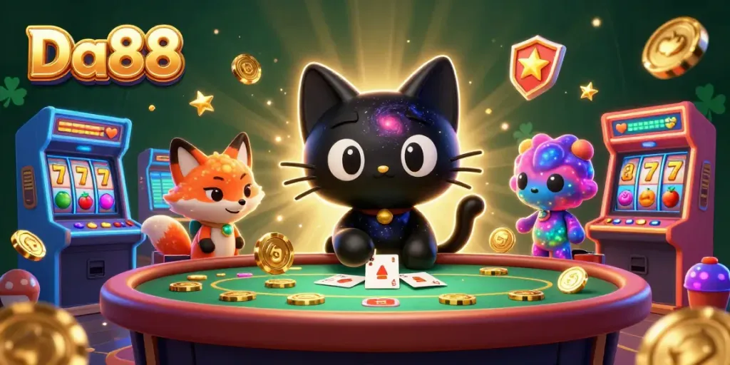 Experience Da88's thrilling slot adventure with a cosmic black hole cat and colorful gaming elements.