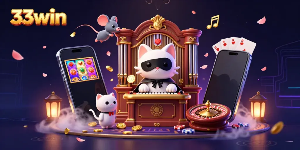 Experience the thrilling atmosphere of 33win casino with vibrant 3D characters and gaming elements.