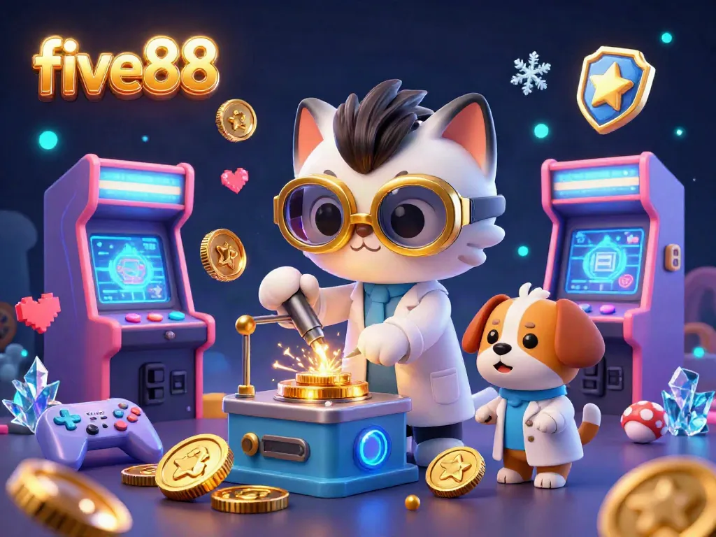 Experience thrilling gameplay at five88 with a whimsical 3D illustration featuring a mad scientist cat and loyal dog in a vibrant casino setting.