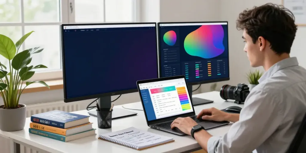 SEO specialist analyzing instant indexing data in a modern office.