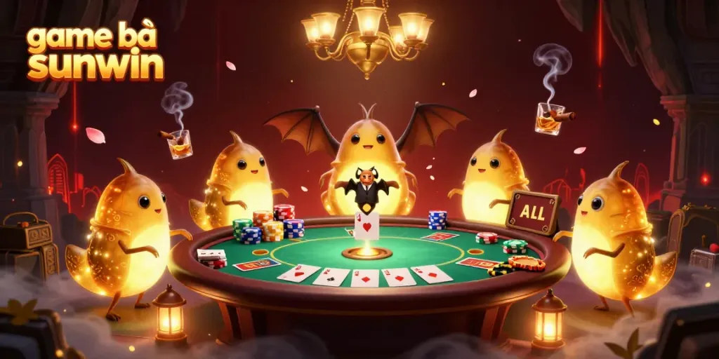 Experience game bài sunwin in a vibrant casino scene illuminated by glowworms and a bat dealer.