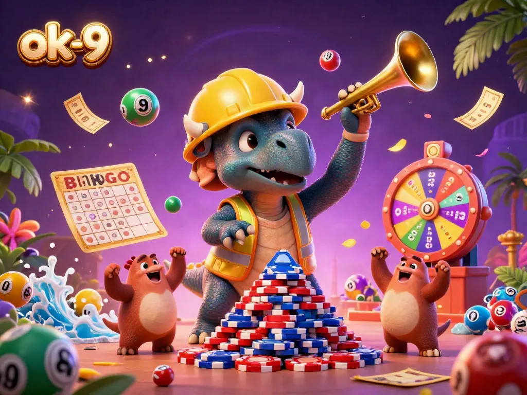 ok-9 celebrates fun with vibrant lottery games and animated characters in a colorful casino scene.