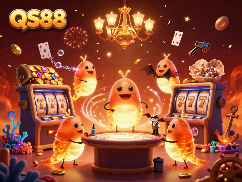 Experience the vibrant QS88 casino scene with glowing glowworms, a bat dealer, and festive decorations.