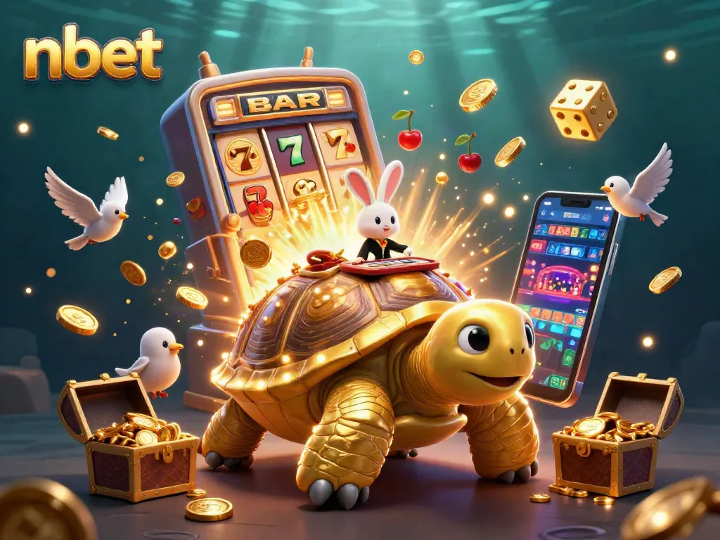 Experience thrilling gaming action with nbet's vibrant casino illustration featuring a golden tortoise and dynamic elements.