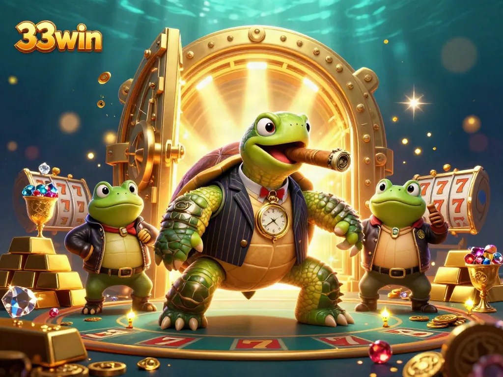 Play and win with 33win's thrilling casino scene featuring a snapping turtle and bullfrog enforcers.