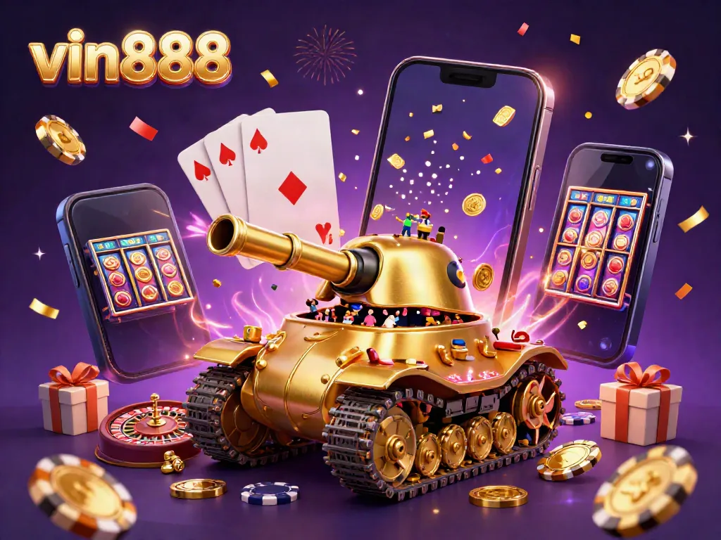 Experience the excitement of vin888 with a golden beetle tank casino bursting with games, confetti, and celebrations.