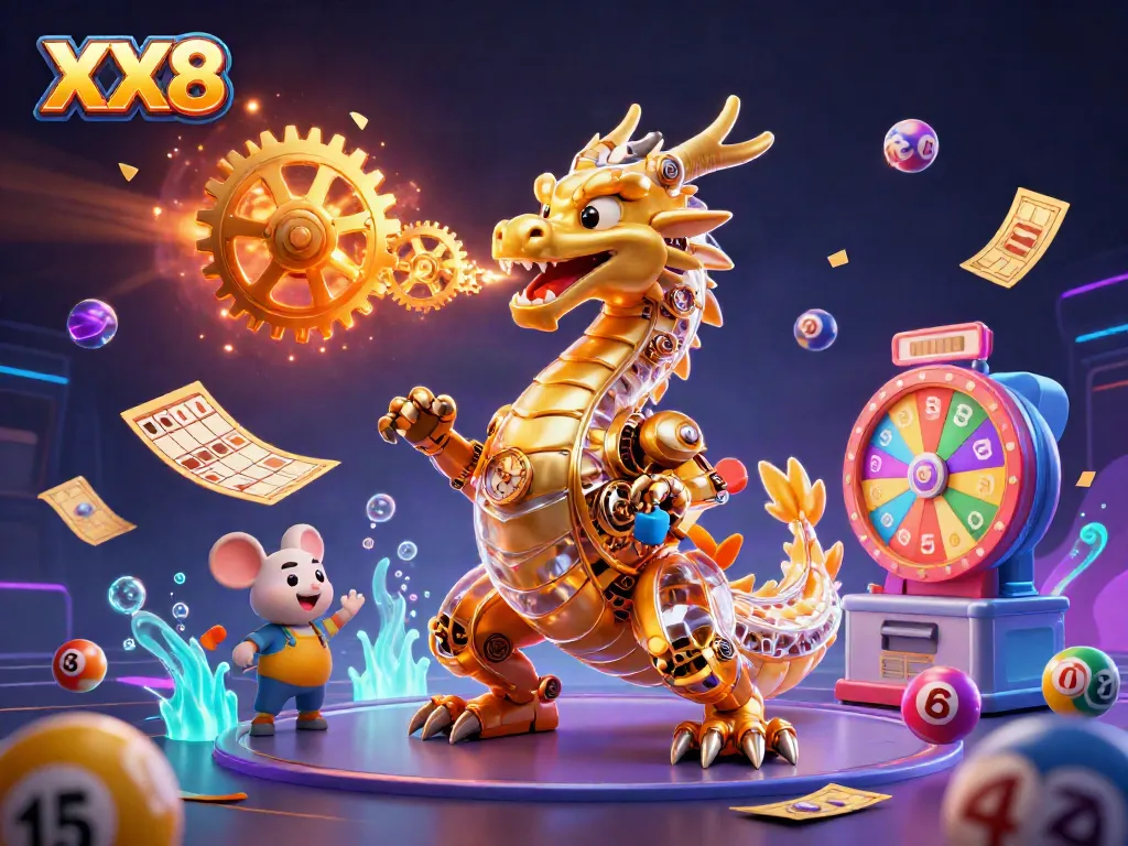 Engage in thrilling gameplay with XX8, featuring a metallic dragon emitting gears amidst vibrant casino elements.