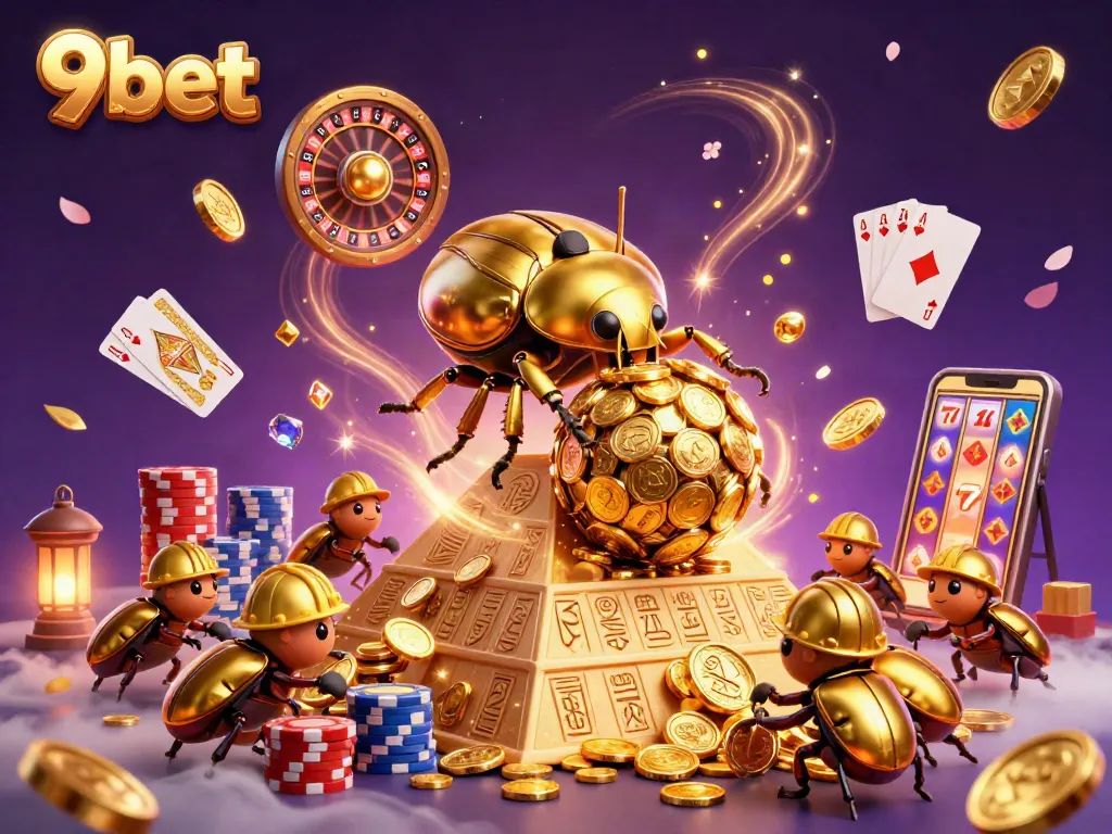 Engage in a vibrant 3D casino experience featuring 9bet with golden coins and entertainment.