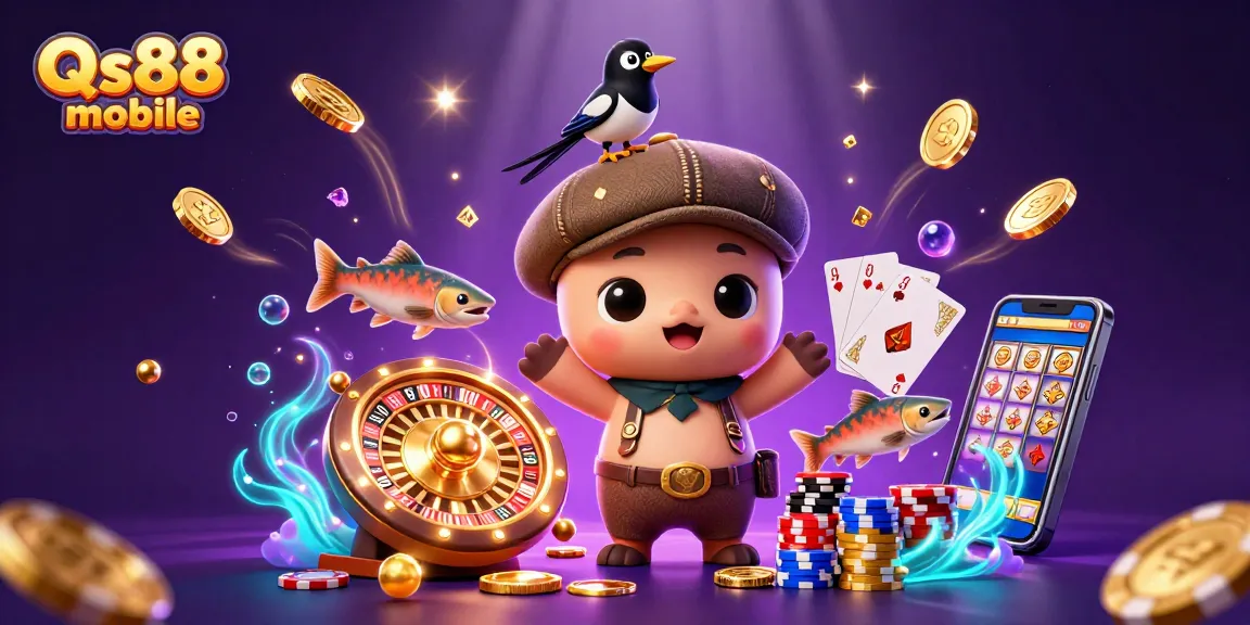 Engage with Qs88 mobile's vibrant gaming scene featuring a playful Nessie and thrilling casino elements.