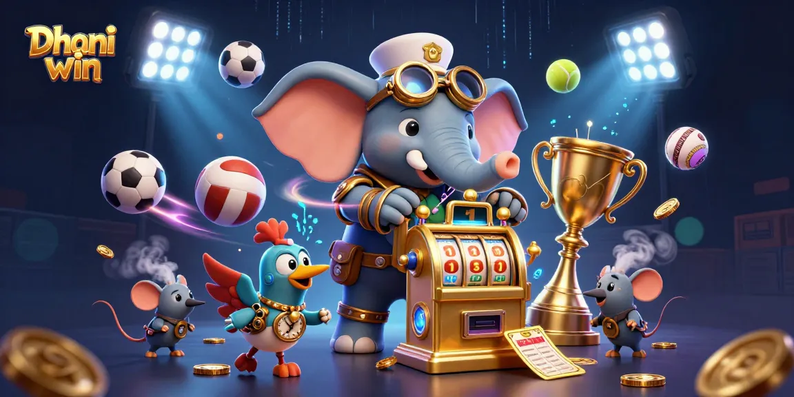 Dhani win game where players spin the slot machine, surrounded by vibrant sports elements and prizes.