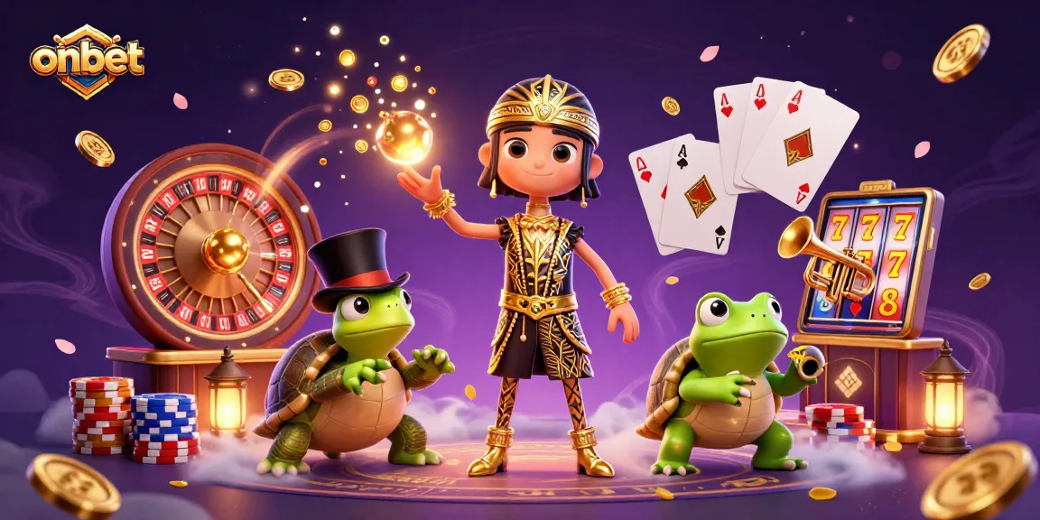 Experience thrilling gaming at onbet with lively casino characters amidst cascading coins and vibrant gems.