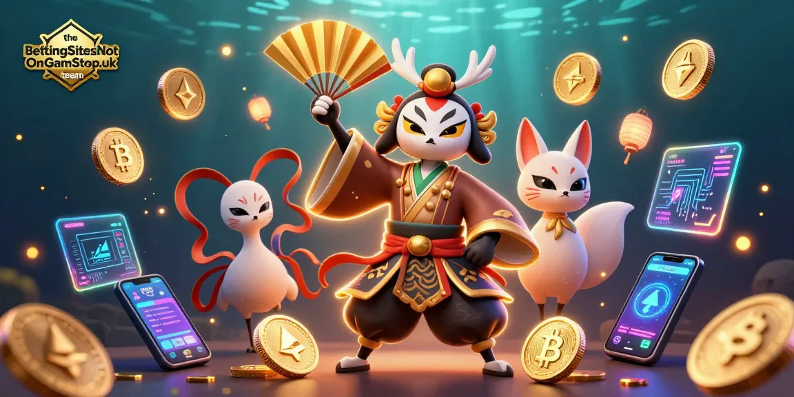 The BettingSitesNotOnGamStop.uk team showcases a dynamic scene with crypto coins and vibrant characters.