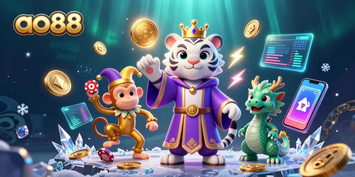 Engage in thrilling gameplay with ao88's vibrant 3D casino scene showcasing a majestic white tiger and lively characters.