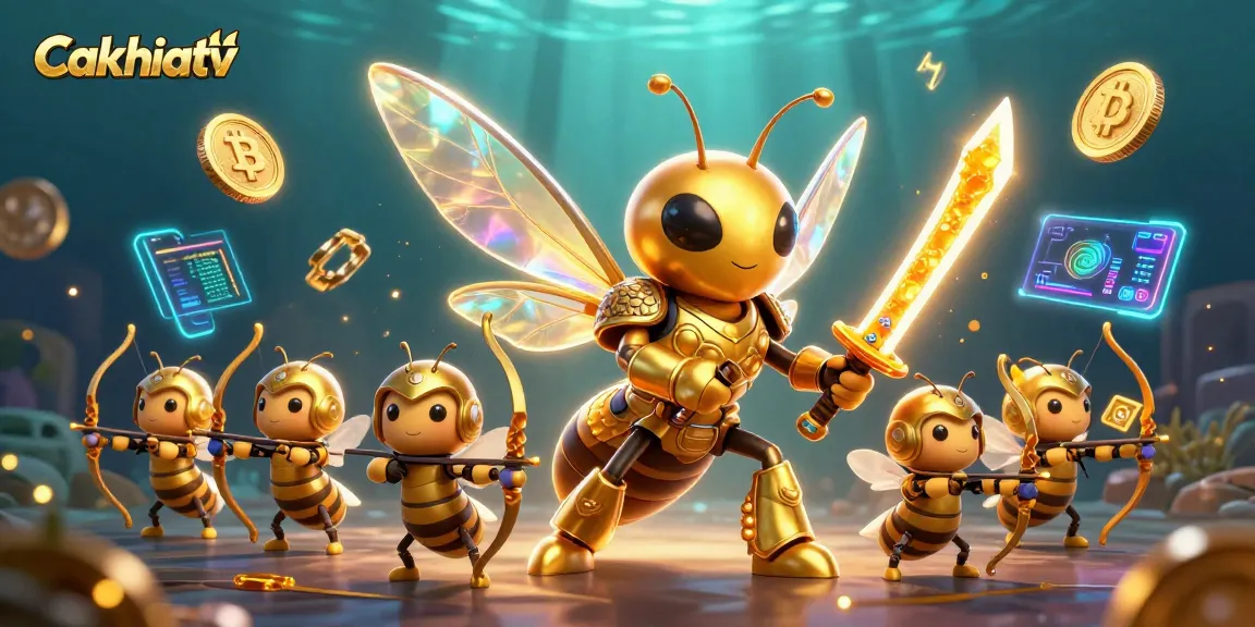 Cakhiatv showcases a samurai hornet leading bee archers amidst blockchain elements, highlighting sports betting excitement.